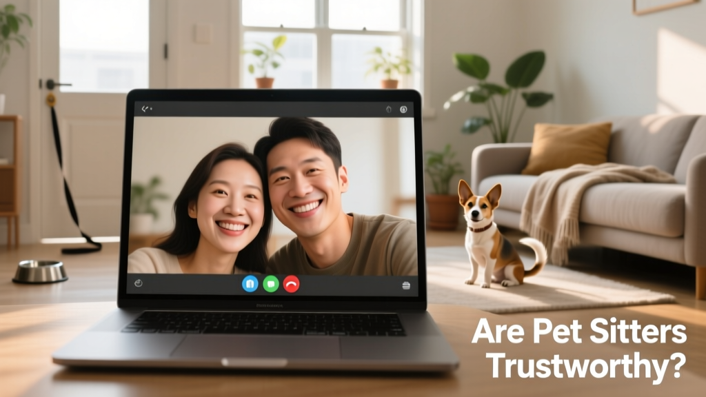 Two people smiling warmly during a friendly video call on a laptop screen, with a small dog visible in the background