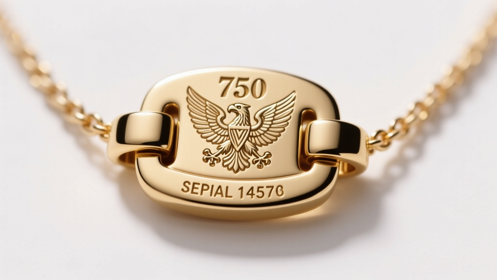 Macro photography of a VCA necklace clasp showing the engraved 750 gold hallmark, eagle head stamp, and unique serial number.