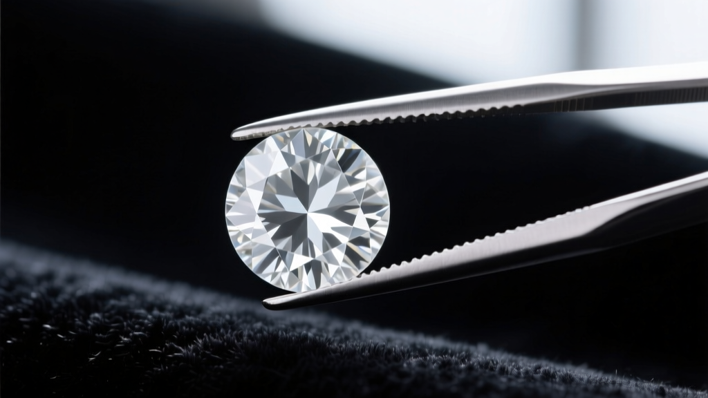 Macro shot of a round brilliant white topaz gemstone in steel tweezers against dark velvet, highlighting crisp and clear facets.