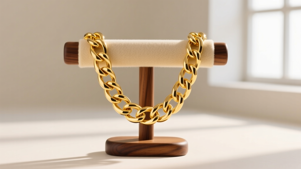Heavy 22k yellow gold Cuban link chain draped over a matte walnut T-bar jewelry stand with soft microfiber lining, studio lighting