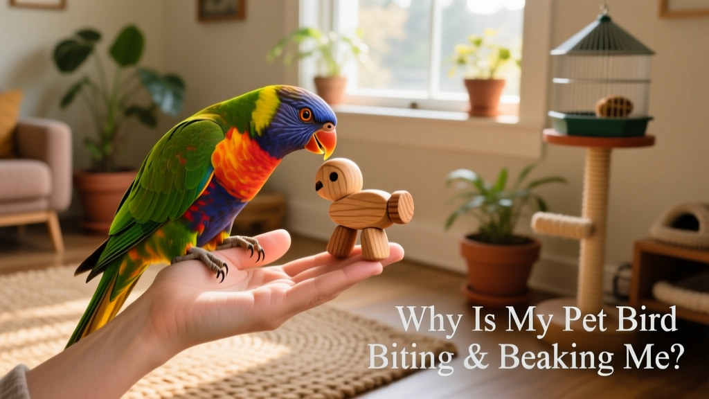 Hand holding a colorful parrot while gently offering a wooden toy, illustrating positive, interactive bonding