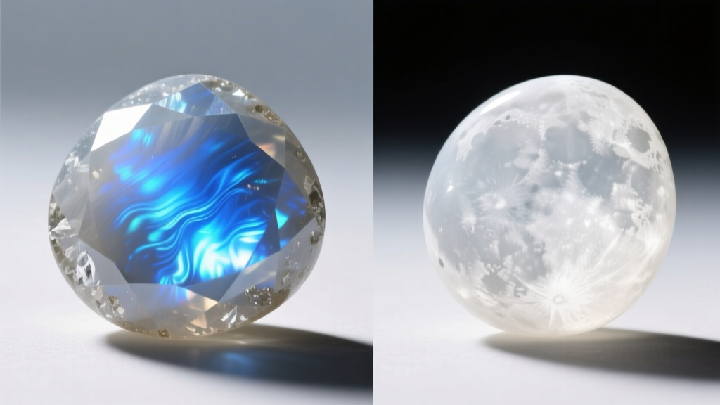 Side-by-side macro comparison of a colorless moonstone with strong blue adularescence and a milky white moonstone with weak sheen.