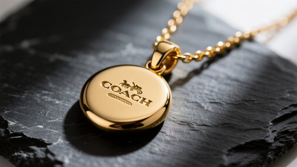 Close-up of a vintage gold-plated Coach pendant necklace on dark slate, highlighting the stamped hallmark on the back of the metal.