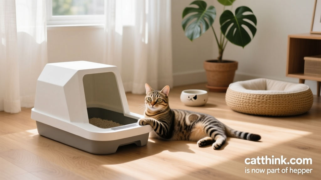 A clean, modern cat litter box setup with natural lighting and a relaxed cat nearby
