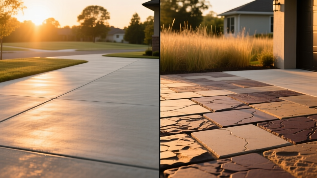 Side-by-side view of a smooth broom-finished concrete driveway and a stamped concrete patio mimicking natural flagstone in warm sunset lighting