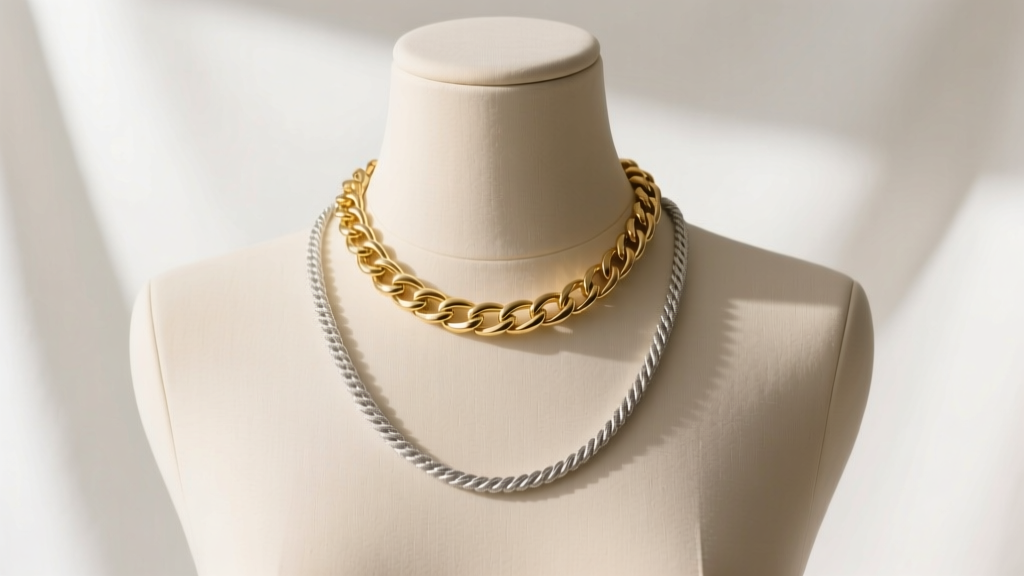 Mannequin showing an 18-inch gold box chain on the collarbone next to a 20-inch silver rope chain resting lower on the chest