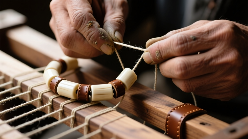 Artisan hands threading waxed nylon cord through cylindrical bone hairpipe beads with leather spacers on a wooden crafting loom.