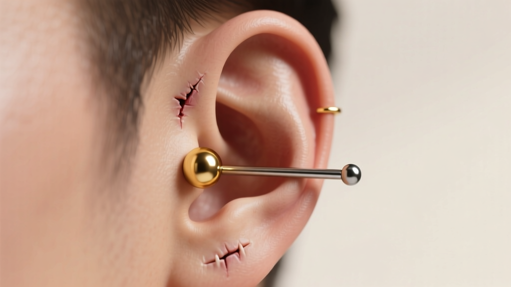 Side profile of an ear showing a clean healed cartilage piercing with a minimalist 14k gold threadless end and a titanium post