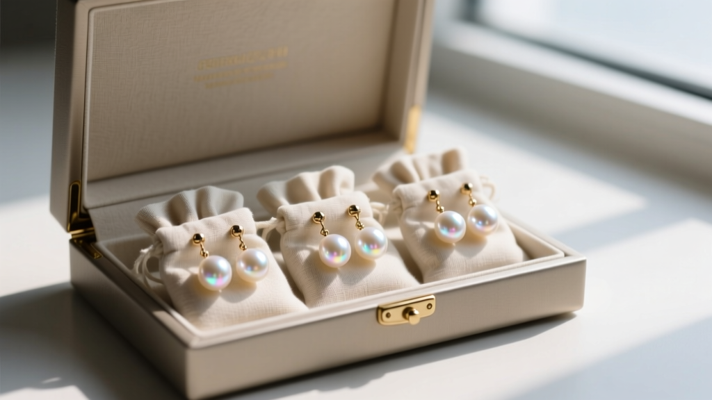 Jewelry box displaying pearl drop earrings stored in individual soft linen pouches to prevent surface scratching and nacre damage.