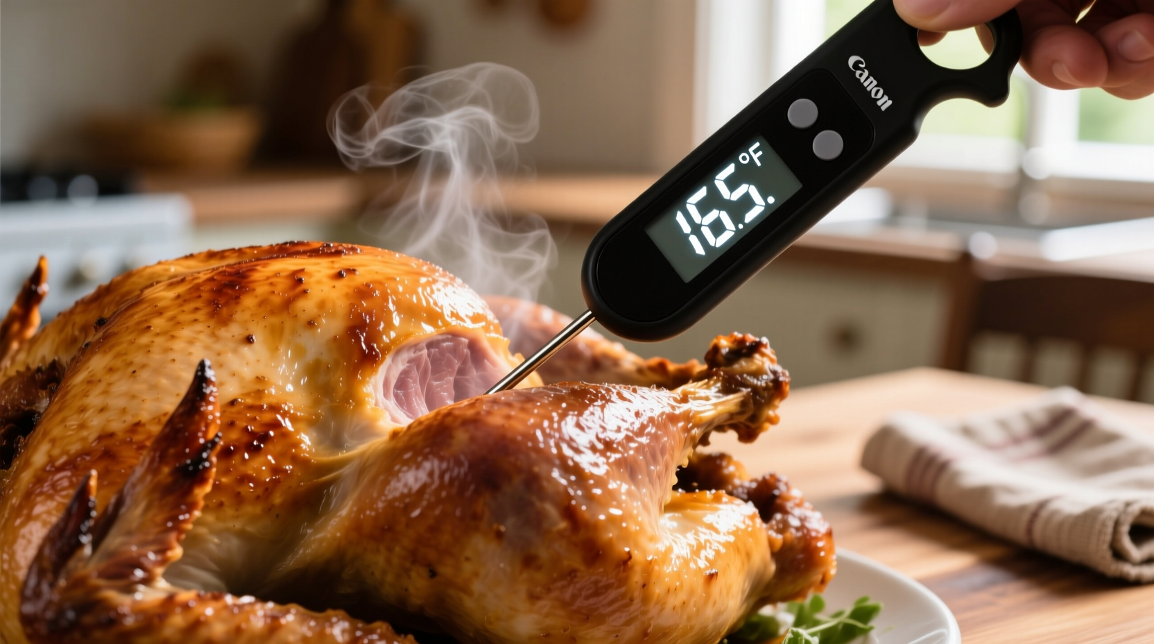 Digital meat thermometer showing 165 degrees in turkey thigh