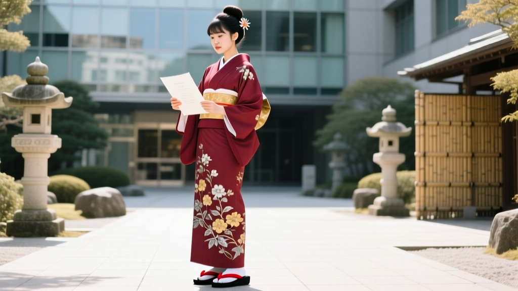 A university graduate in Tokyo wearing a maroon hakama over a furisode kimono, holding a diploma and wearing traditional zori sandals.