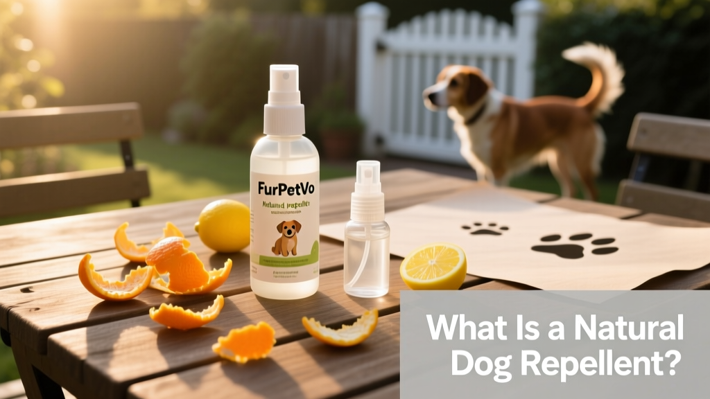 Bottle of FurPetVo natural dog repellent spray next to citrus peels and a small spray bottle