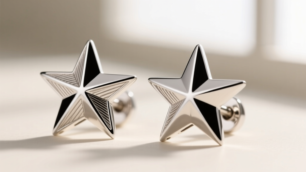 Macro shot showing the sharp three-pointed star edges of 925 sterling silver automotive logo earrings, highlighting casting detail.