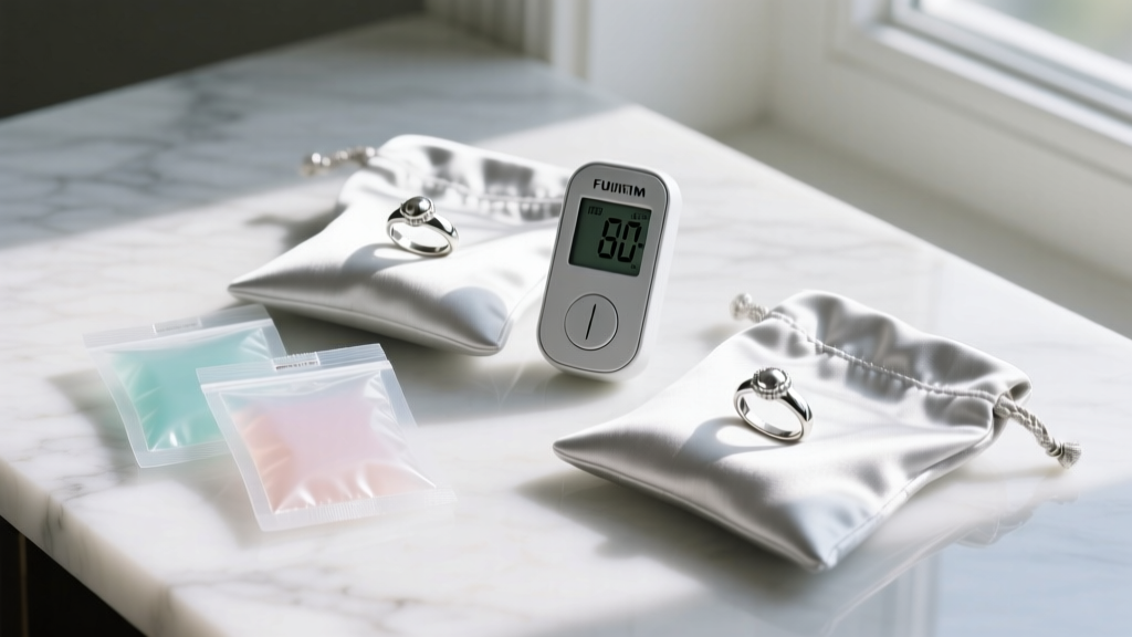 Silica gel packets and digital hygrometer beside Pacific Silvercloth pouches holding silver rings on a white marble surface.