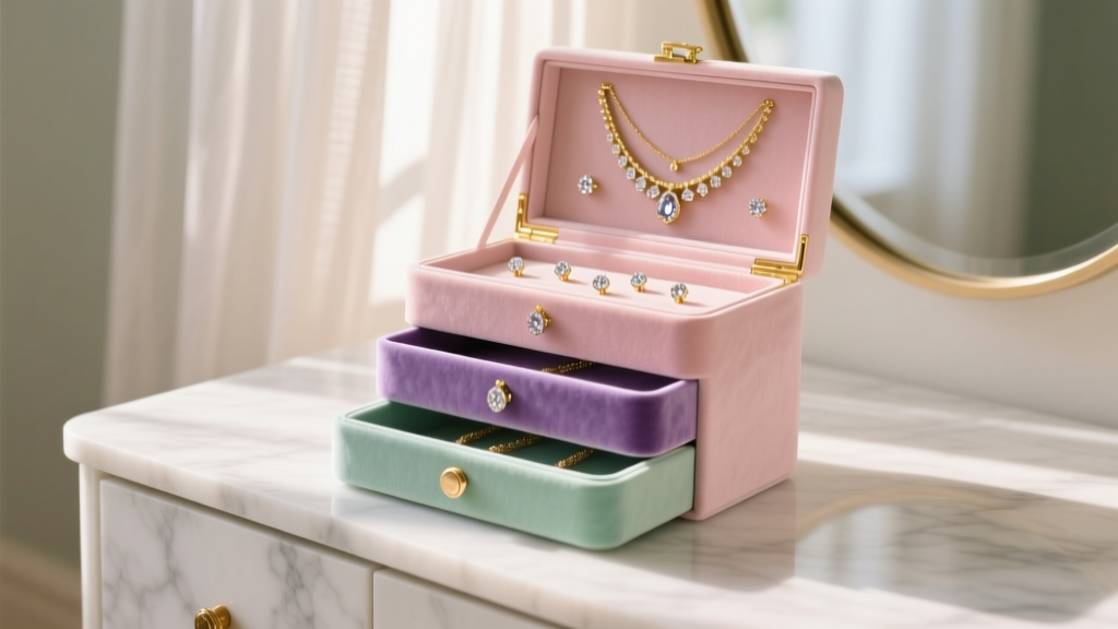 Pastel tiered vanity box on marble dresser showing velvet drawers with gold necklaces and small facial studs in soft morning glow