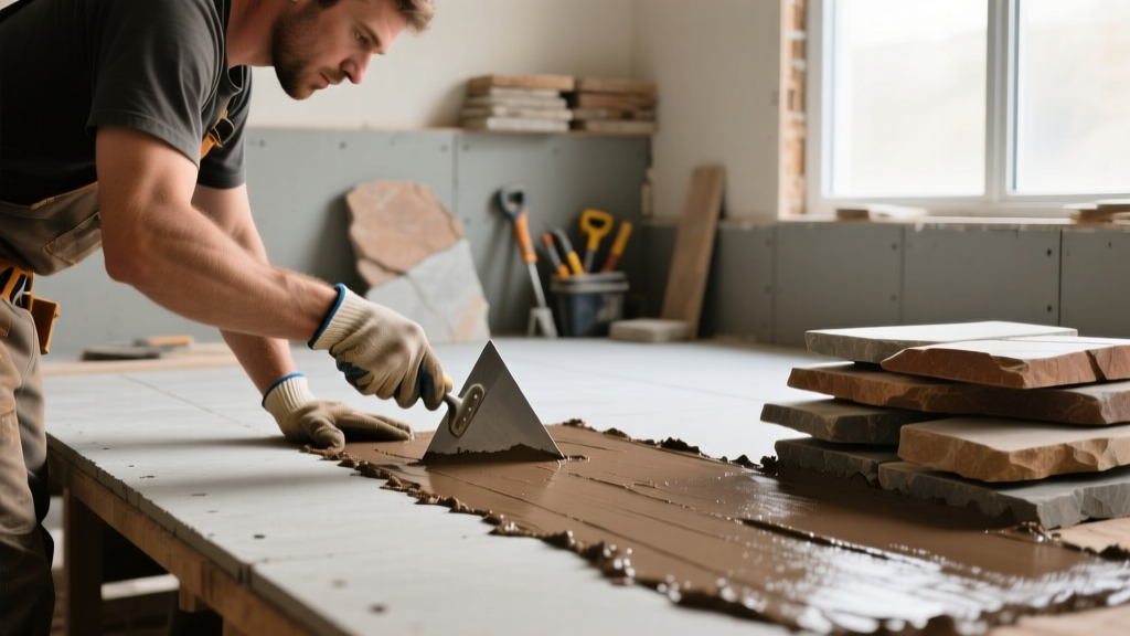 Mason applying polyurethane stone veneer glue with a V-notched trowel onto cement board before setting stacked stone panels