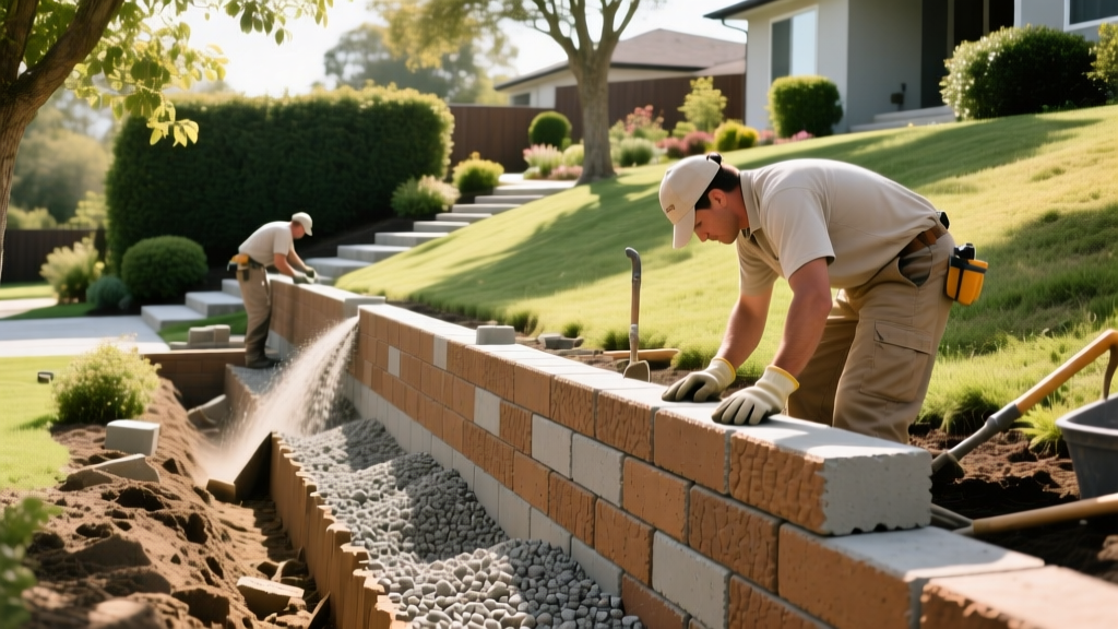 Landscapers installing interlocking concrete segmental retaining wall blocks with gravel backfill in a sloped residential backyard