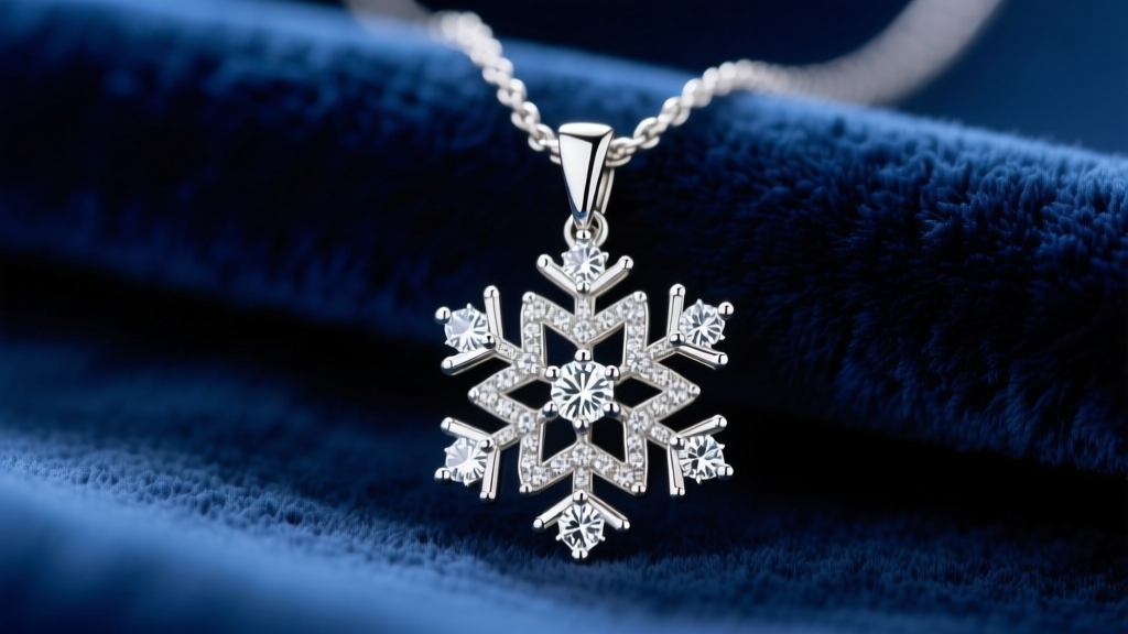 Close-up of a 14k white gold snowflake pendant necklace with lab-grown diamonds resting on dark blue velvet fabric.