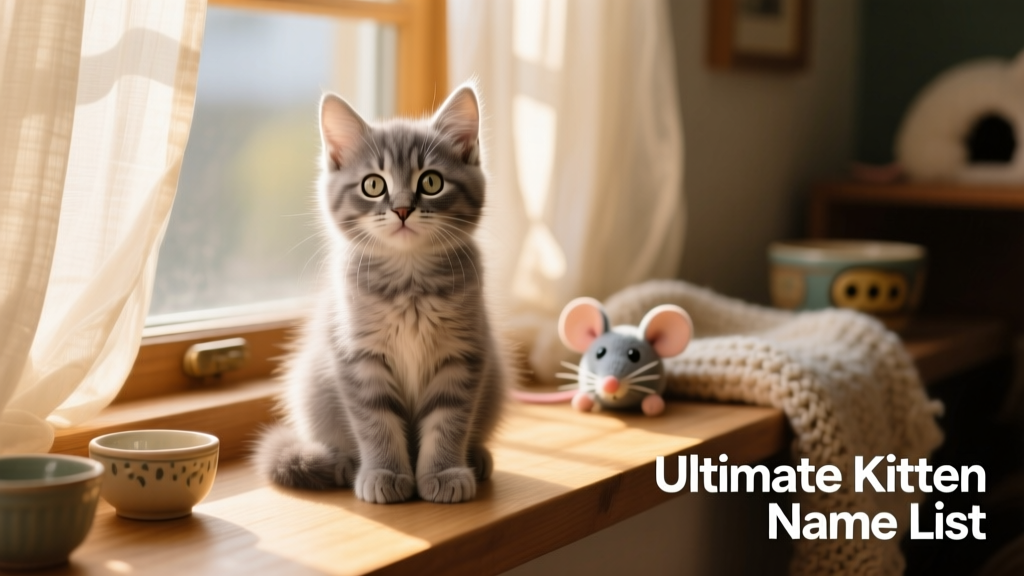 A fluffy gray kitten sitting upright with wide, curious eyes