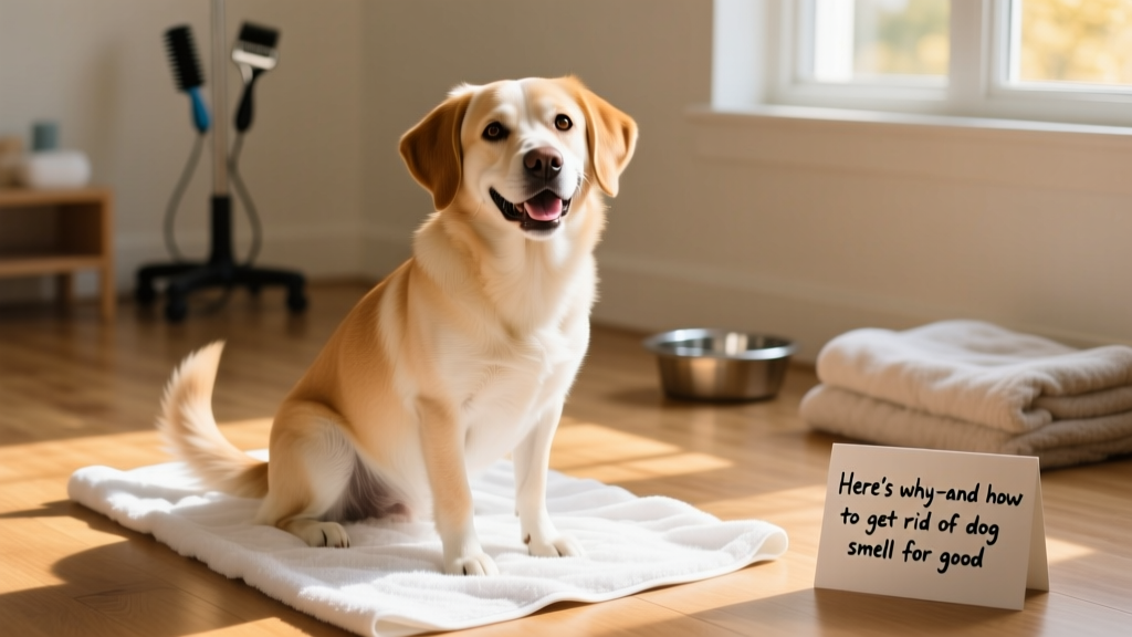 Close-up of a happy, clean dog with shiny coat sitting on a fresh towel