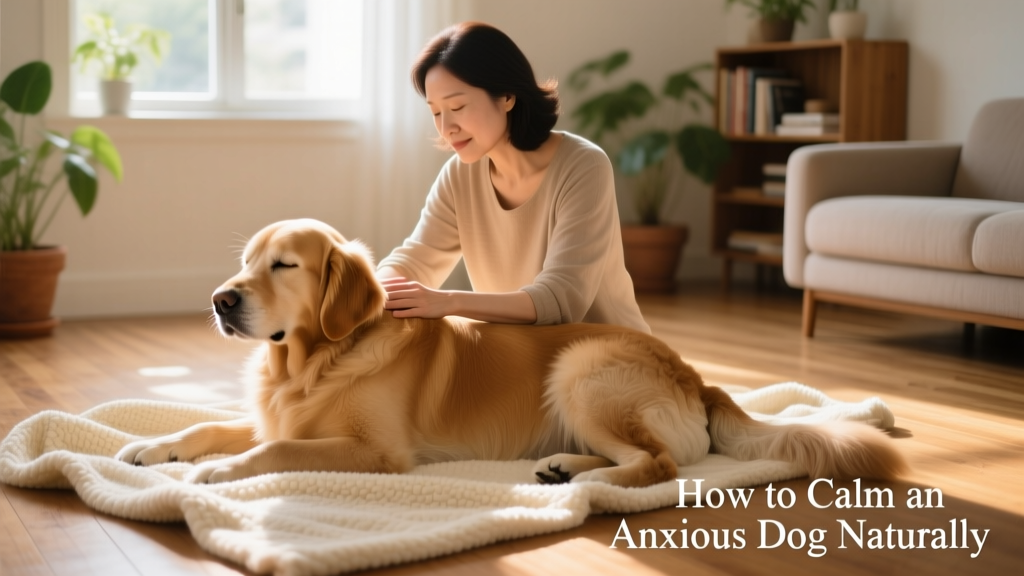 A person gently massaging a relaxed dog’s shoulders while the dog rests on a cozy blanket