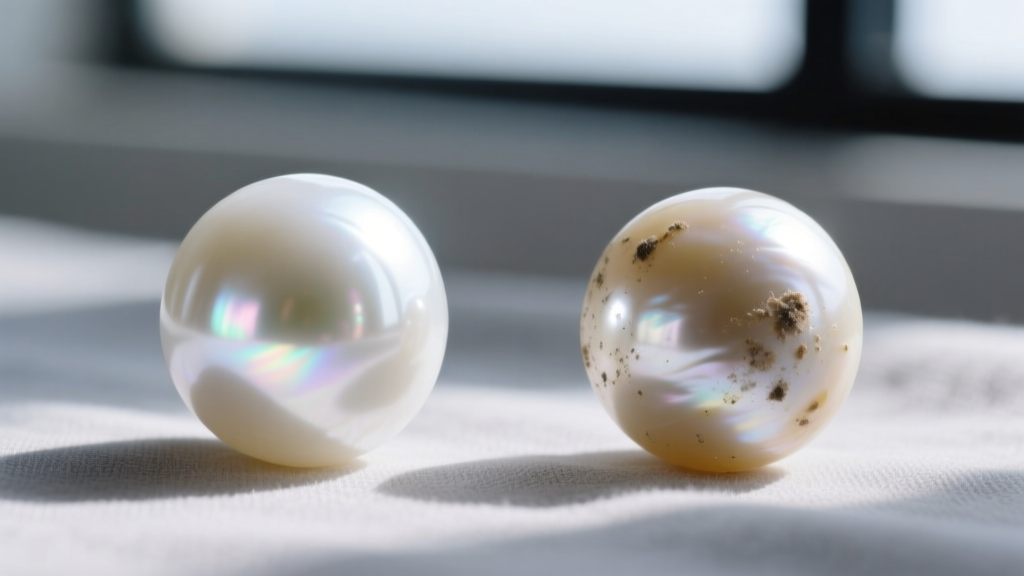 Macro comparison of a pristine, highly reflective white pearl next to one coated in a matte layer of sebum and cosmetic residue.