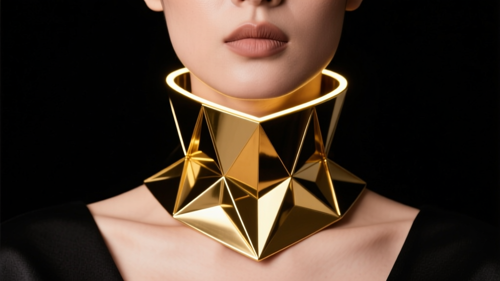 Close-up of a model wearing a rigid gold architectural collar choker against a dark studio background with dramatic rim lighting