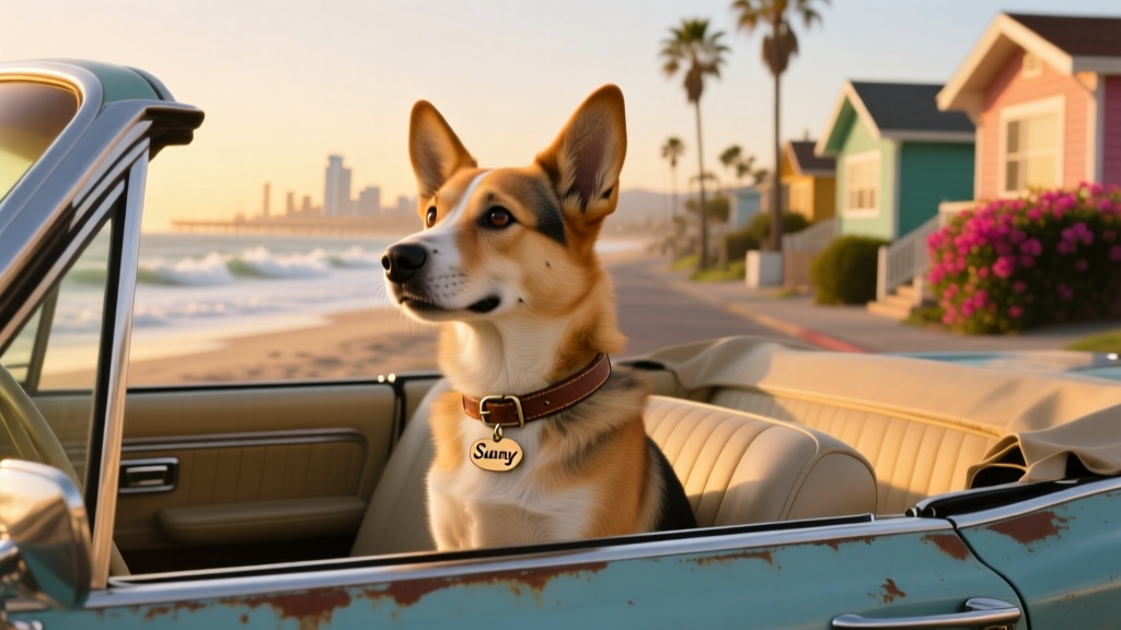A friendly mixed-breed dog sitting happily in the passenger seat of a car, looking out the window with ears perked