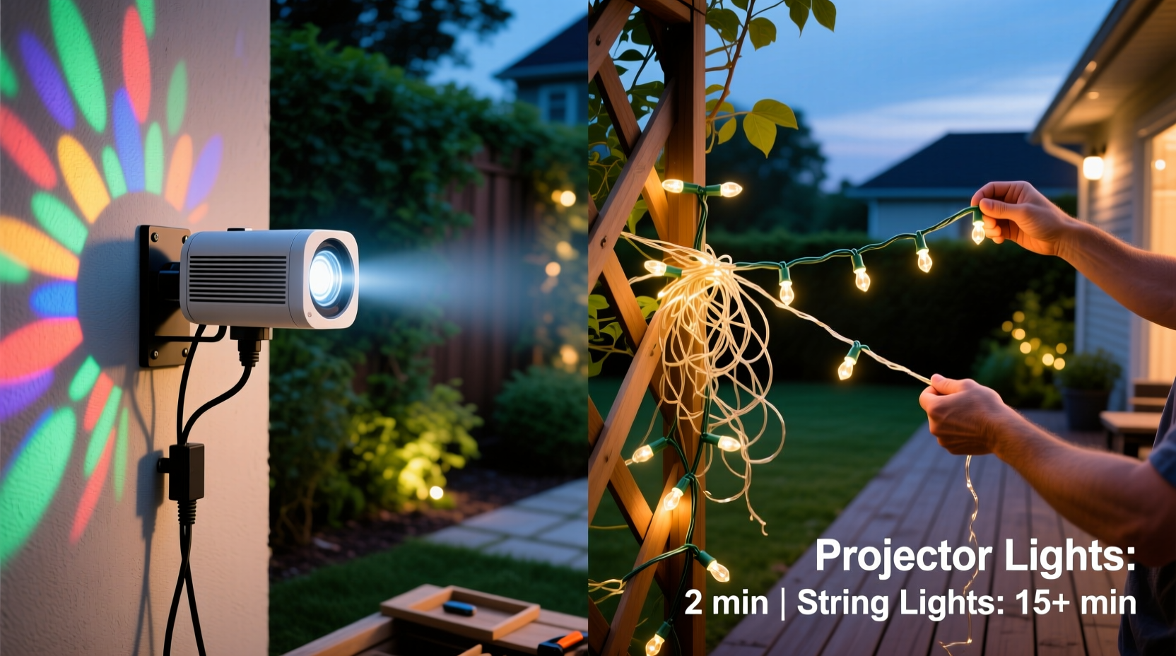outdoor projector lights vs traditional strings which is faster to install