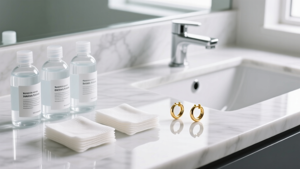 Sterile saline wound wash and non-woven gauze pads arranged neatly on a marble bathroom counter next to small gold hoop earrings.