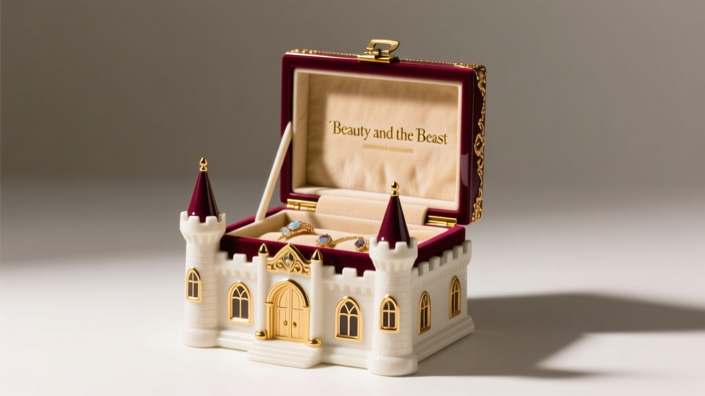 Polyresin Beauty and the Beast jewelry box shaped like a castle, open to reveal beige suede lining, under bright studio lighting.