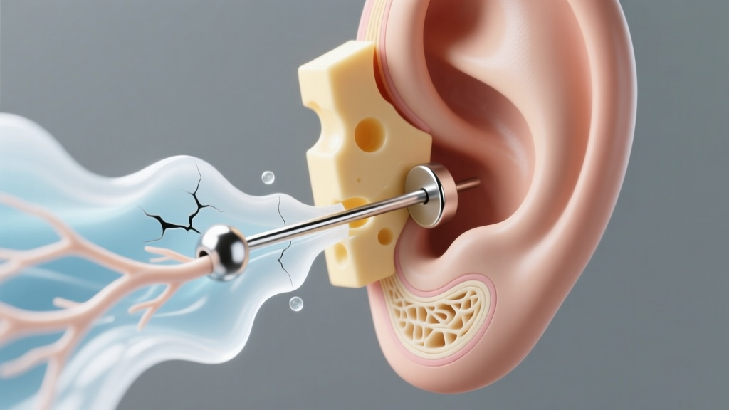 3D medical render of a 20-gauge earring migrating through ear cartilage, demonstrating the cheese-cutter effect in dense tissue.