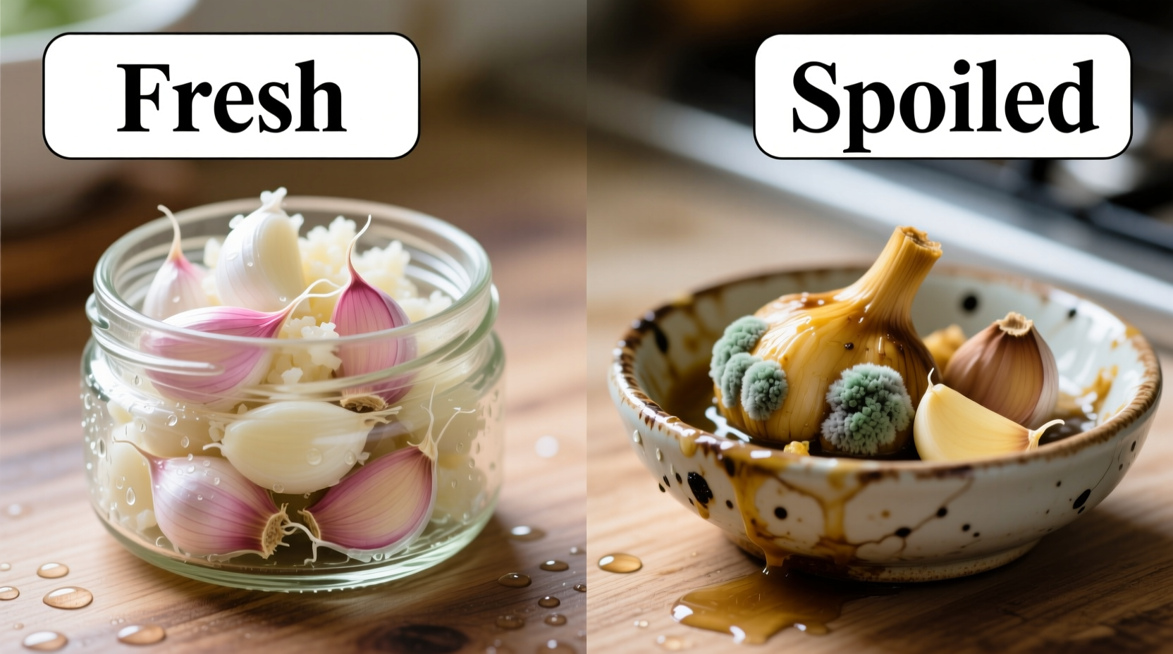 Close-up of fresh versus spoiled minced garlic in containers