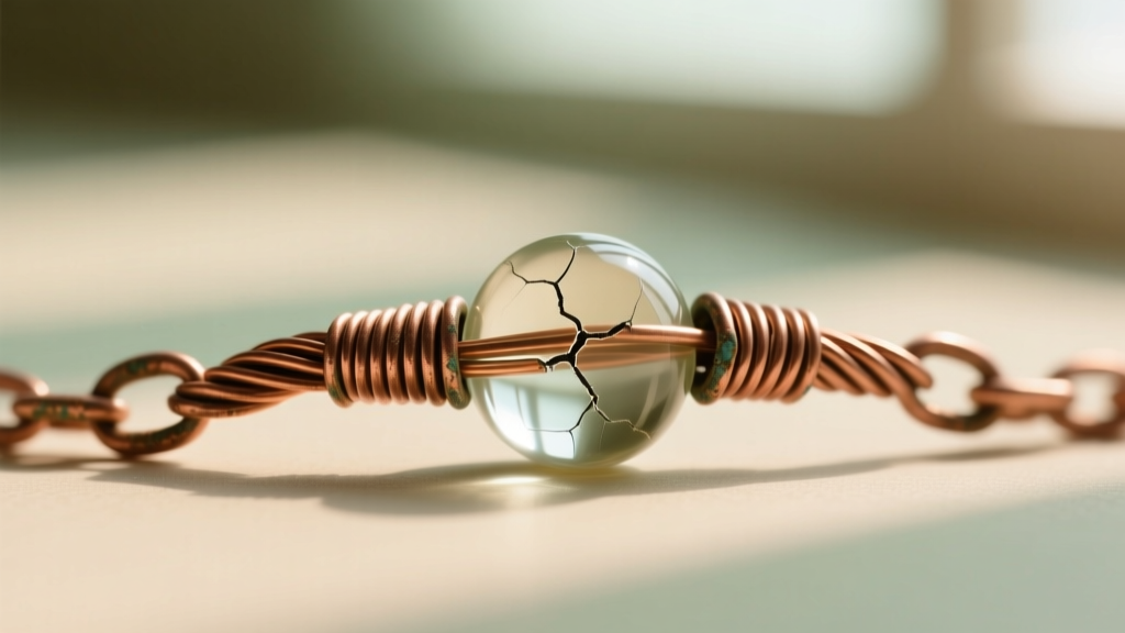 Macro shot of 20-gauge copper wire-wrapped rosary link showing stress fractures near a glass bead against a blurred background