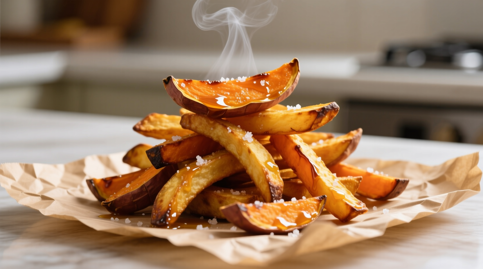 Golden baked sweet potato fries on parchment paper