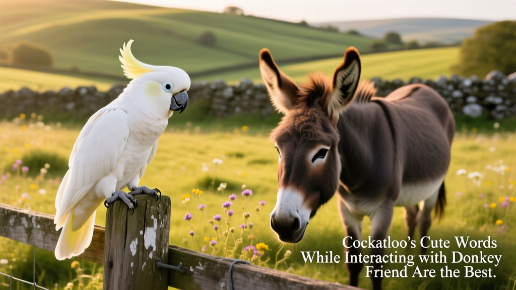 Snowee the cockatoo perched near Sallie Mae the donkey in a sunny pasture, both looking relaxed and engaged
