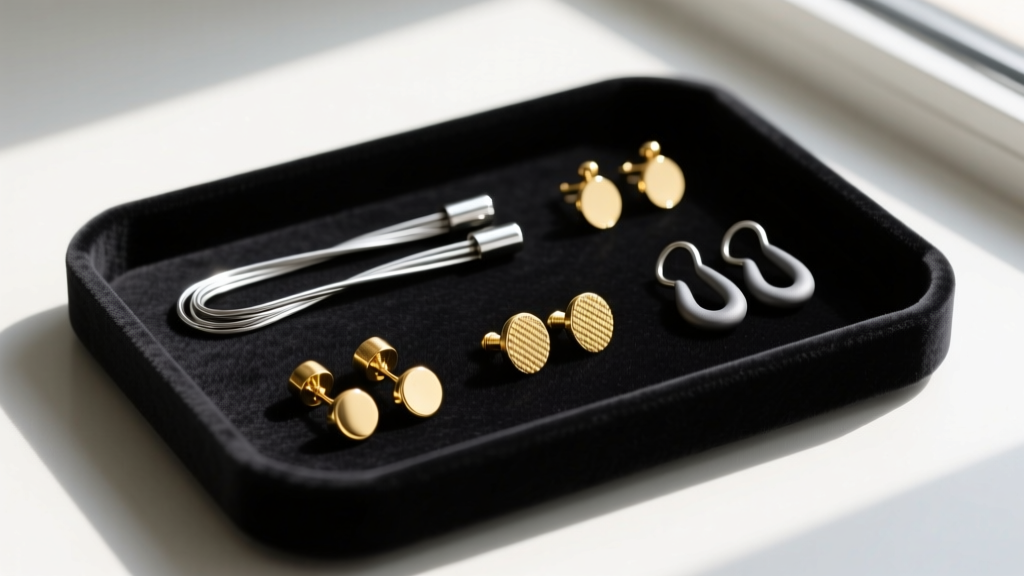 Flat lay of earring hardware including titanium wires, gold-filled posts, and niobium hooks on a dark jeweler