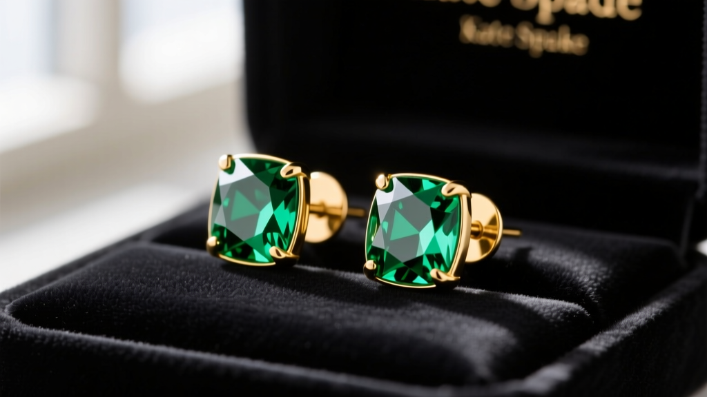 Close-up of gold-plated brass Kate Spade stud earrings with vibrant green faceted crystal emerald simulants on a dark velvet display