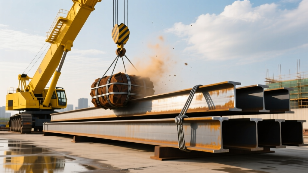 Heavy duty yellow crane lifting a bundle of hot-rolled ASTM A992 wide flange steel beams onto a commercial concrete foundation pad