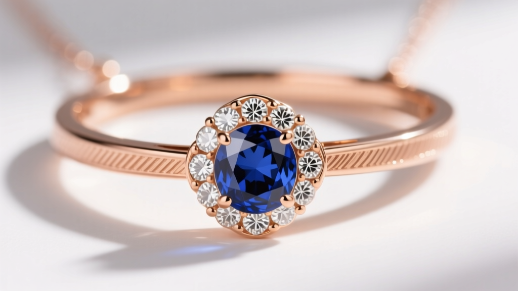 Close-up of an 18k rose gold Titanic rose necklace featuring a rose-cut diamond halo surrounding a deep blue lab-grown sapphire.