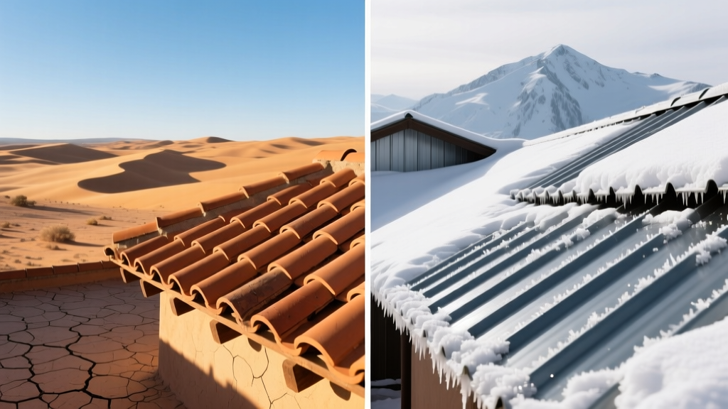 Split-screen showing clay tile roofs in a desert setting and snow-loaded standing seam metal roofs in a cold winter environment