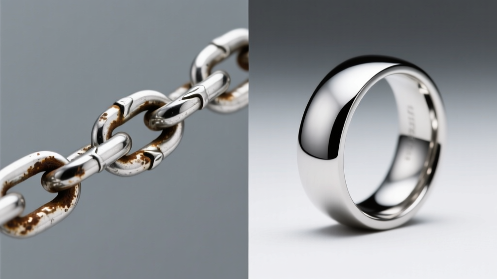 Macro split-screen of tarnished 925 silver chain on left and polished 316L stainless steel ring on right, under soft studio lighting