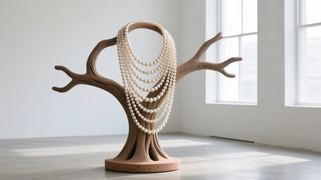 Side profile of a heavy stoneware clay necklace tree with a wide base draped with layered pearl necklaces in a brightly lit room