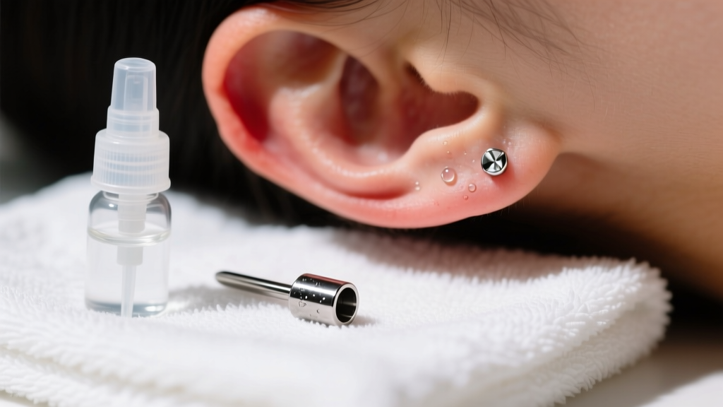 Close-up of a slightly red earlobe piercing next to a sterile saline spray and a titanium labret stud on a clean white towel.