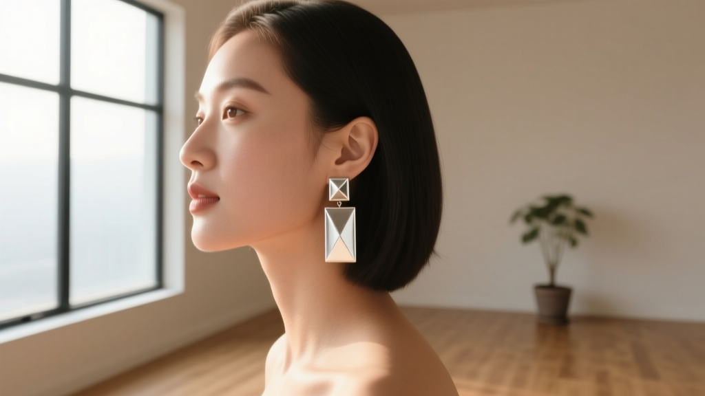 Side profile of a woman with a round face wearing long square drop earrings in silver, illuminated by soft natural window lighting