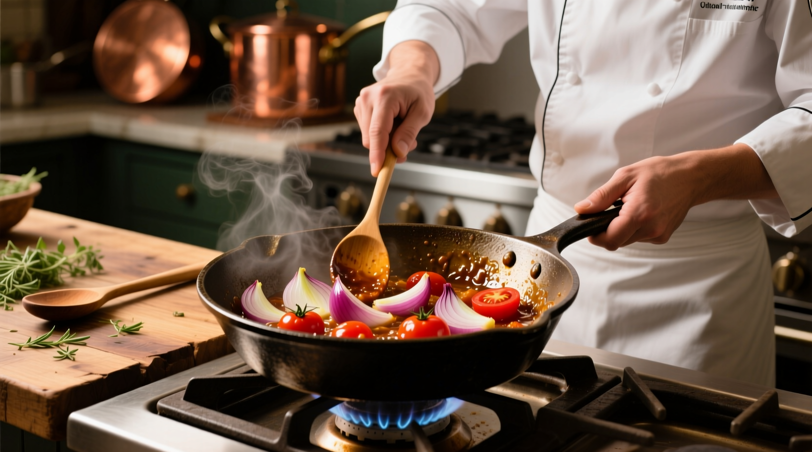 Chef cooking onion tomato base in cast iron skillet