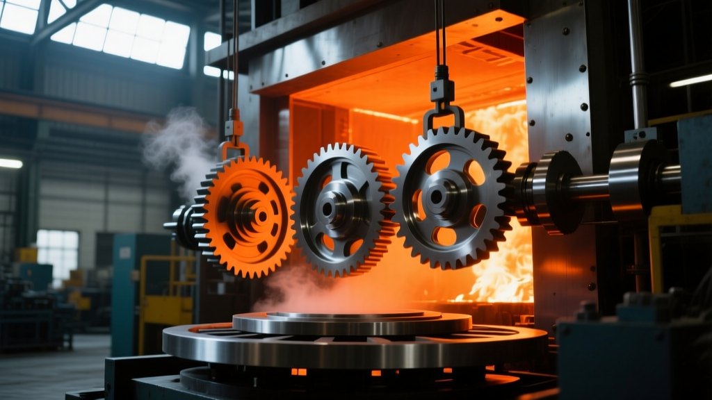 Industrial heat treatment furnace glowing orange while stress-relieving steel prototype gears for automotive testing applications.