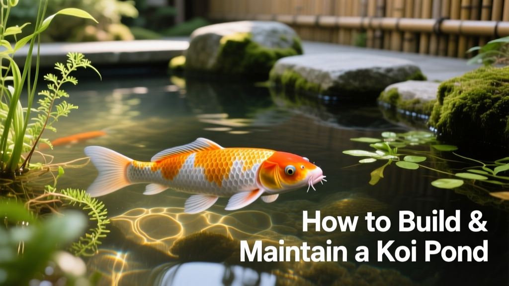 Close-up of healthy koi swimming near submerged aquatic plants and clear water in a well-maintained pond