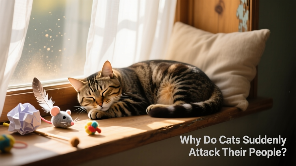 Cat comfortably napping in a sunlit window perch with toys nearby