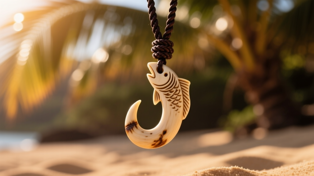 Hand-carved bone Hawaiian fish hook pendant on a dark braided nylon cord, illuminated by warm, directional tropical sunlight.